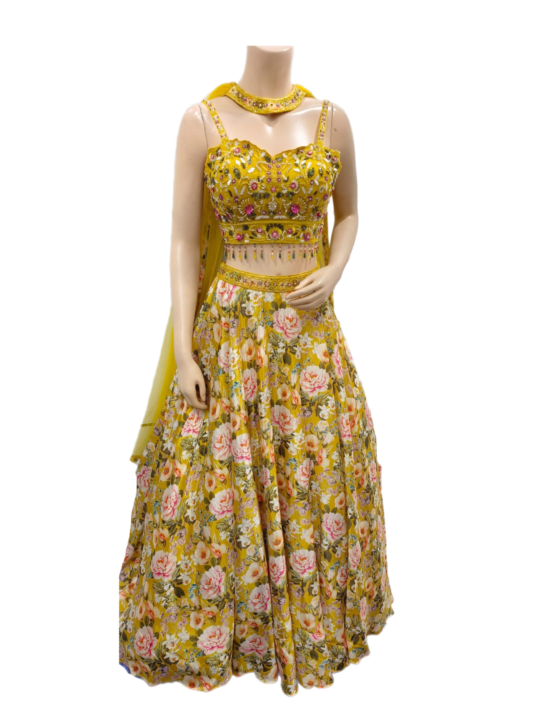 Printed Yellow Chinon Silk Lehanga Choli