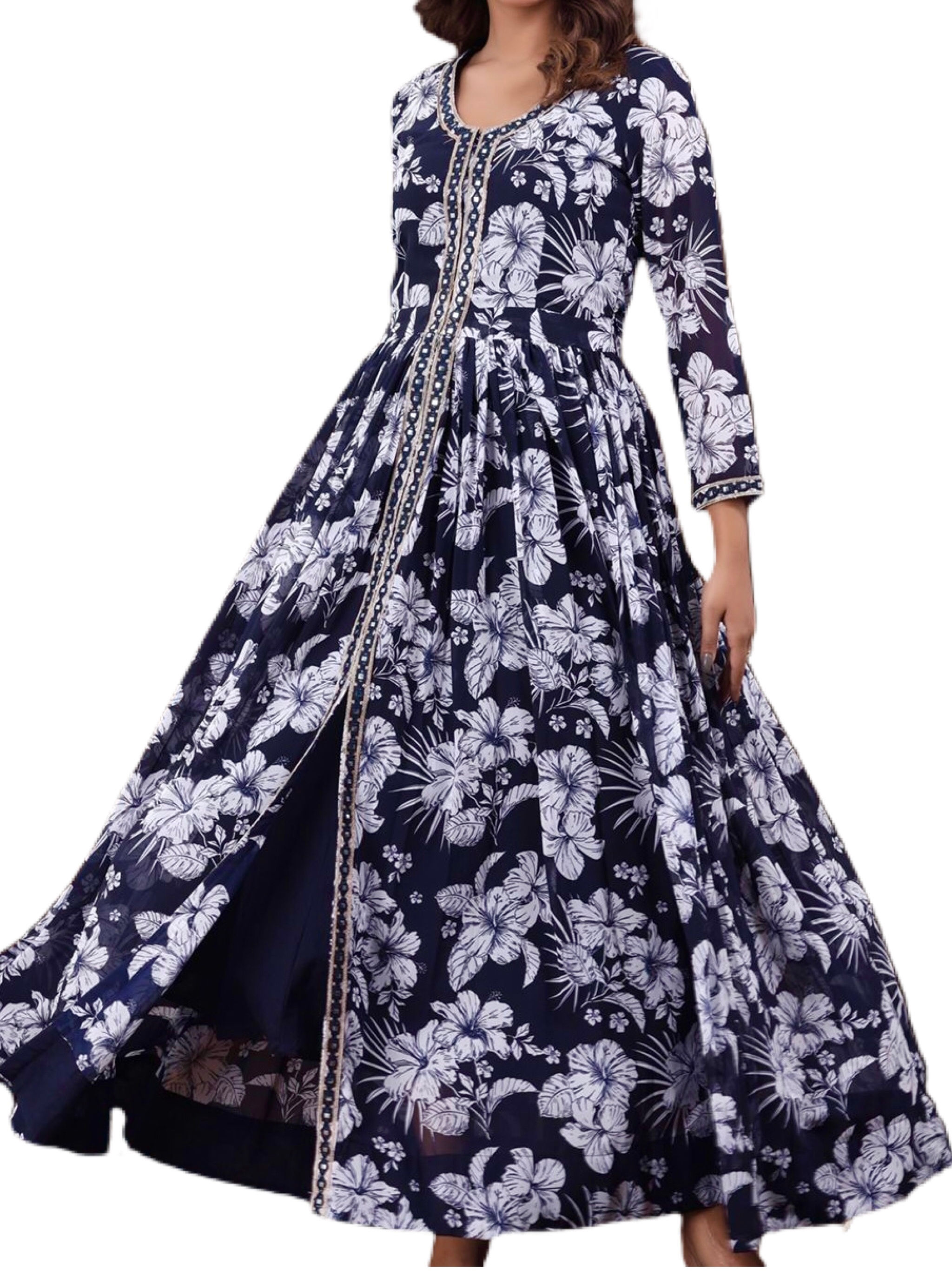 Designer A Line Floral Georgette Navy Blue Kurti