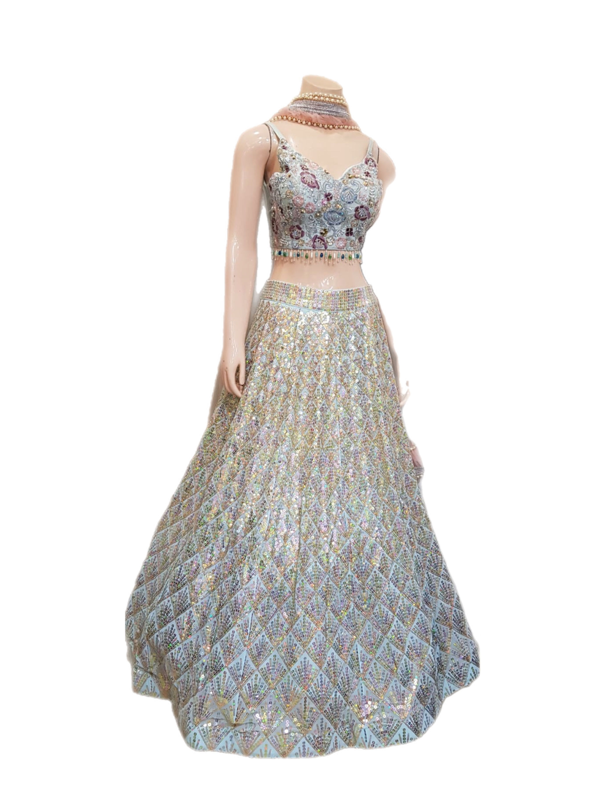 Gorgeous Greyish Blue Color Net Lehanga Choli for Women