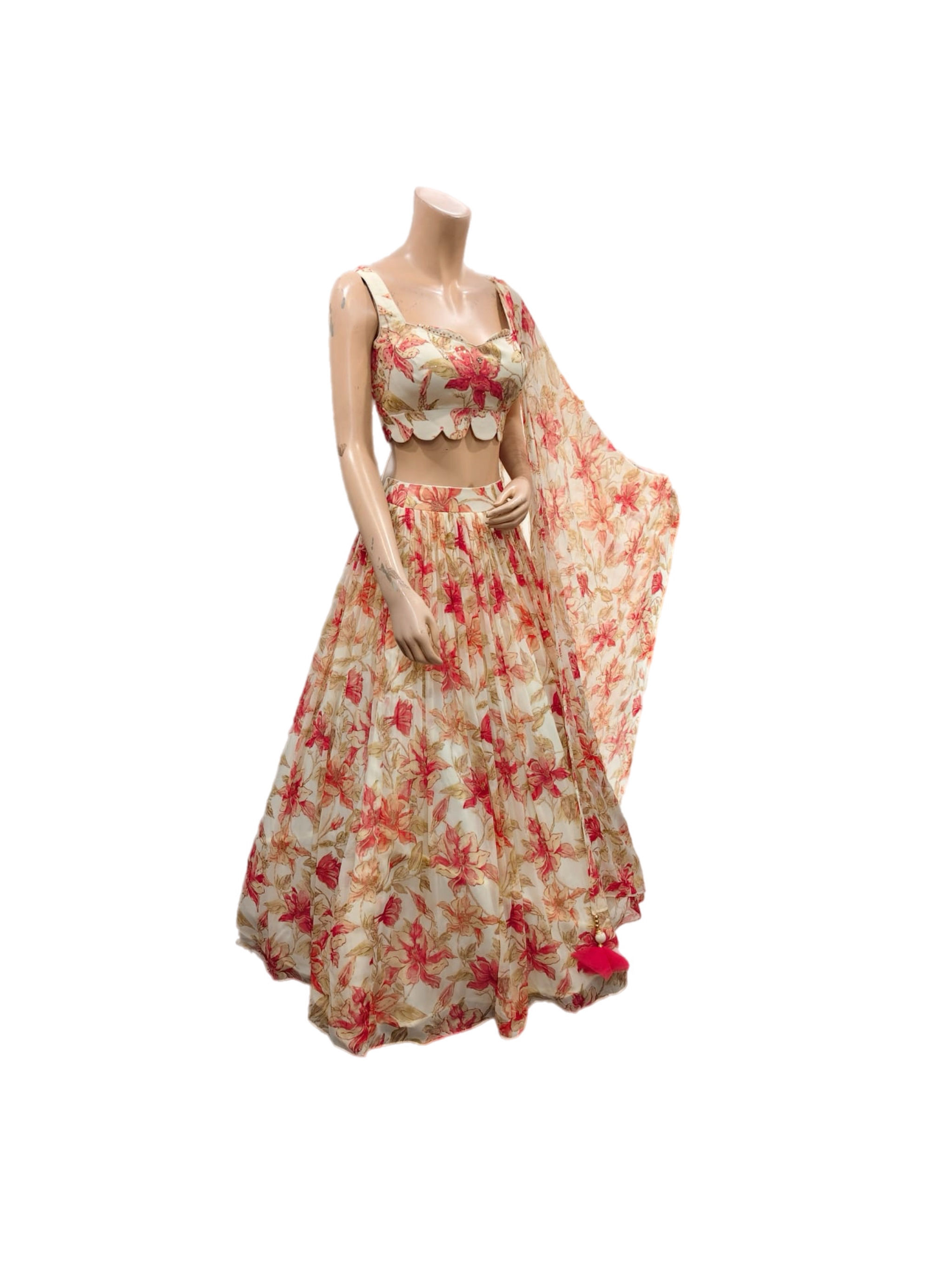 Stunning Cream Red Printed Chiffon Lehanga Choli