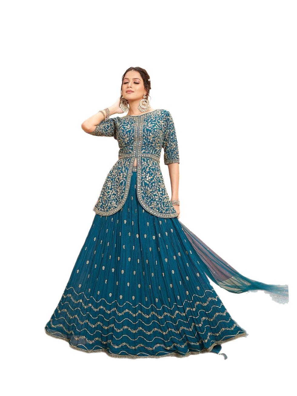 Gorgeous Stone Blue Georgette Embroidered Lehanga With Long Top