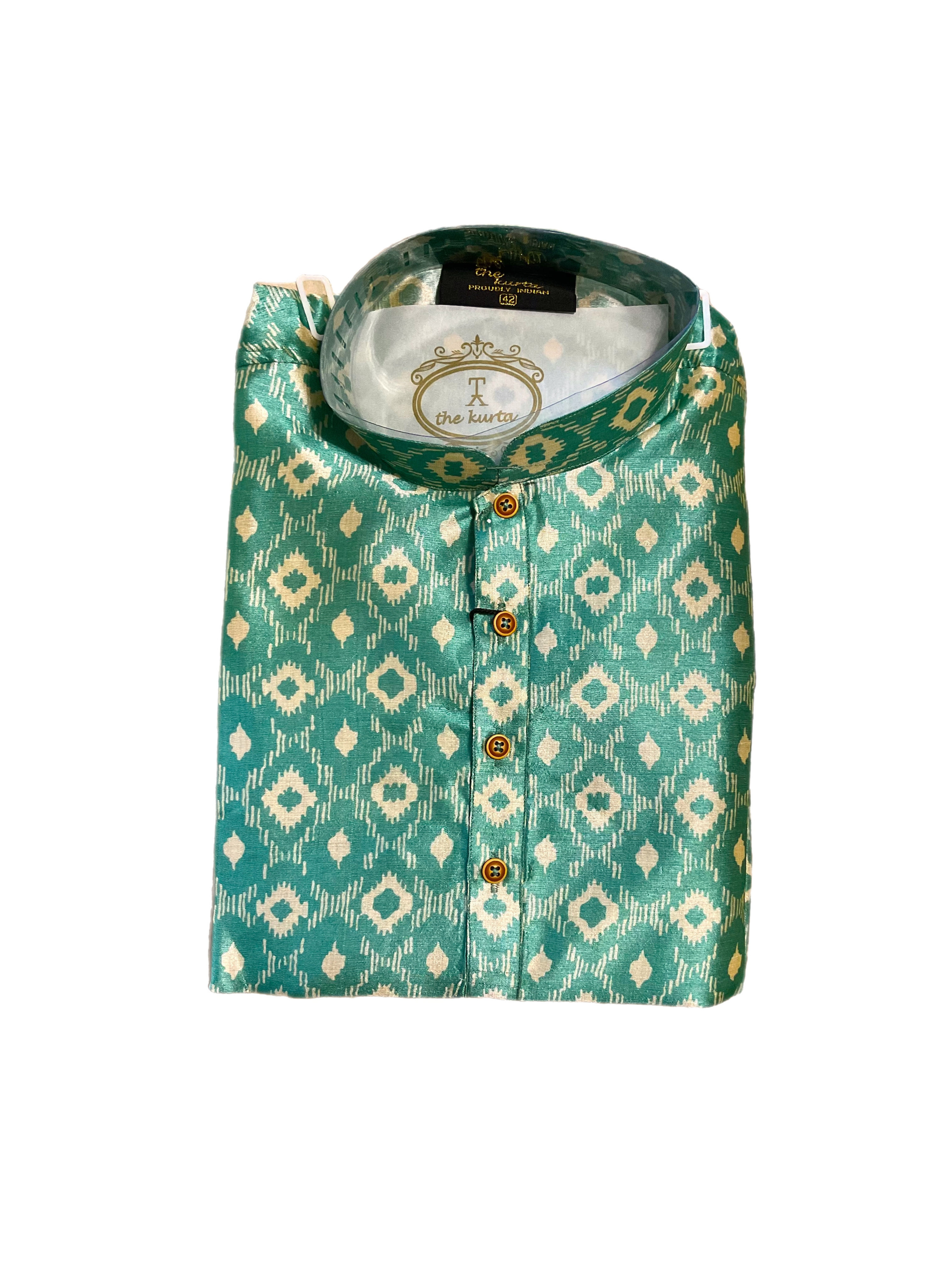 Printed Turquoise Silk Kurta Set