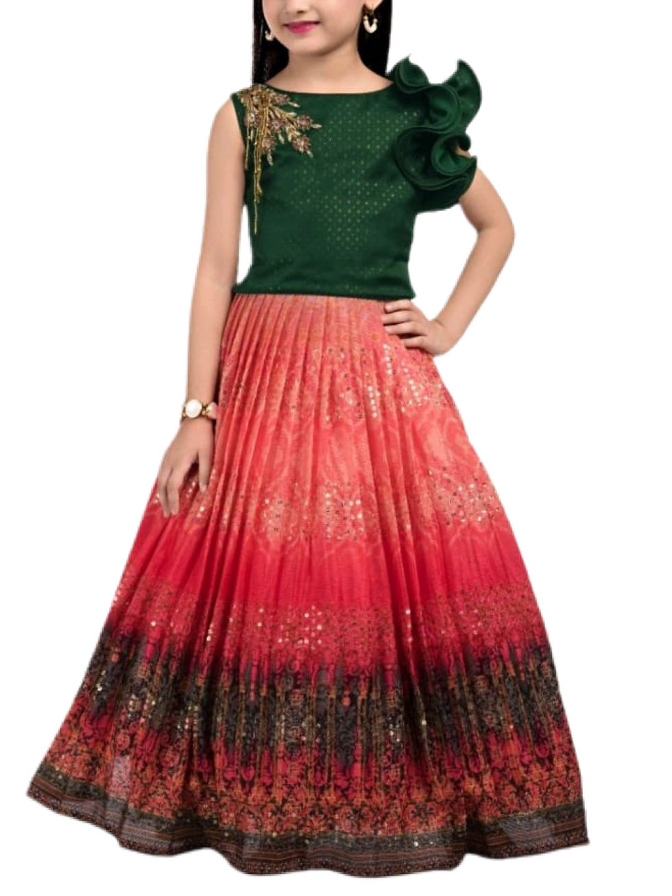 Gorgeous Green Pink Girls Lehanga Choli