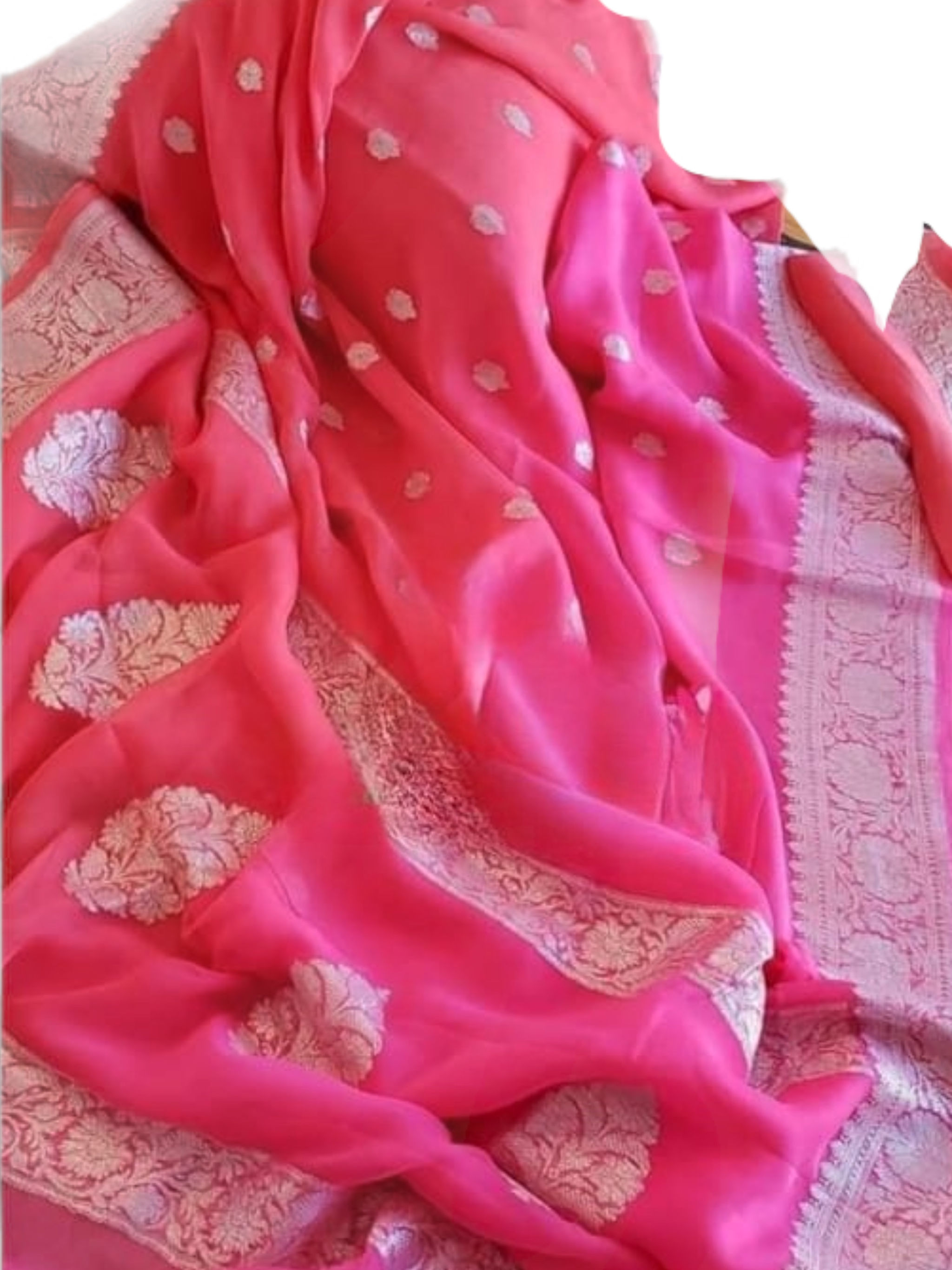 Vibrant Banarasi Pink Khadi Chiffon Silk Saree