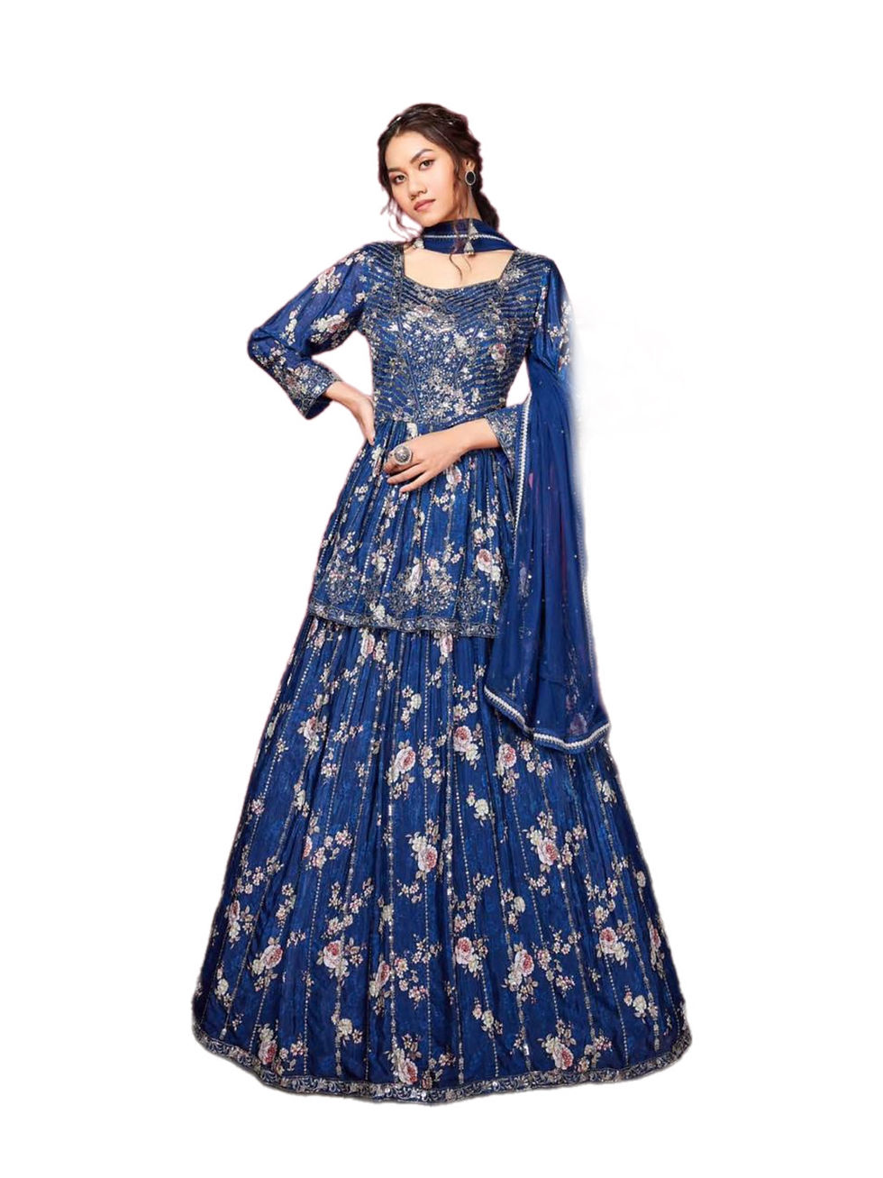 Plus Size Pretty Floral Blue Embroidered Lehanga With Long Top