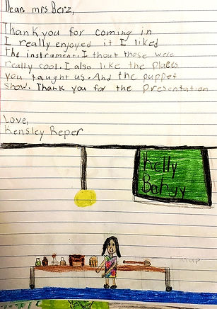 3rd grader's letter of appreciation to the presenter Lui Berz following the in-house field trip "Notes From The Silk Road" multi-cultural presentation. silkroadnotes.com