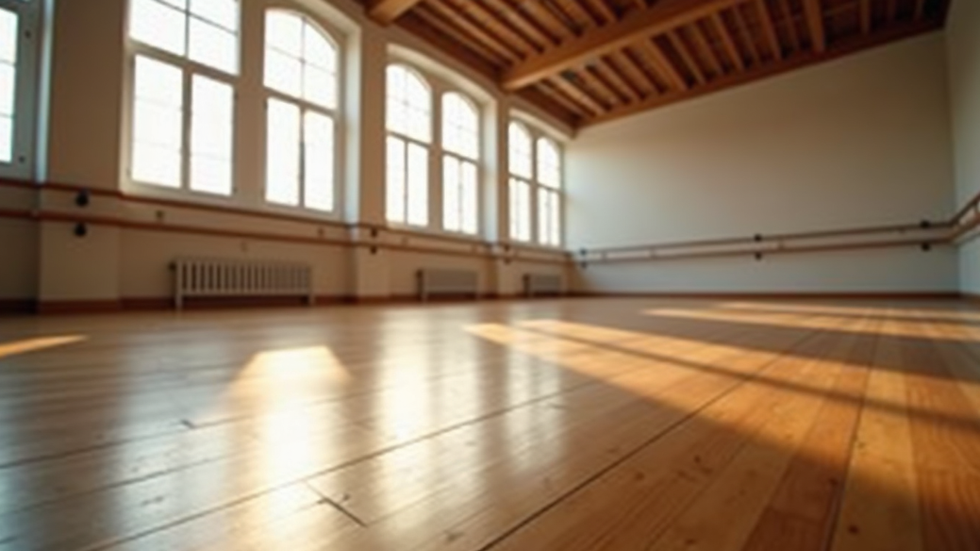 Eye-level view of a spacious dance studio with polished wooden floors