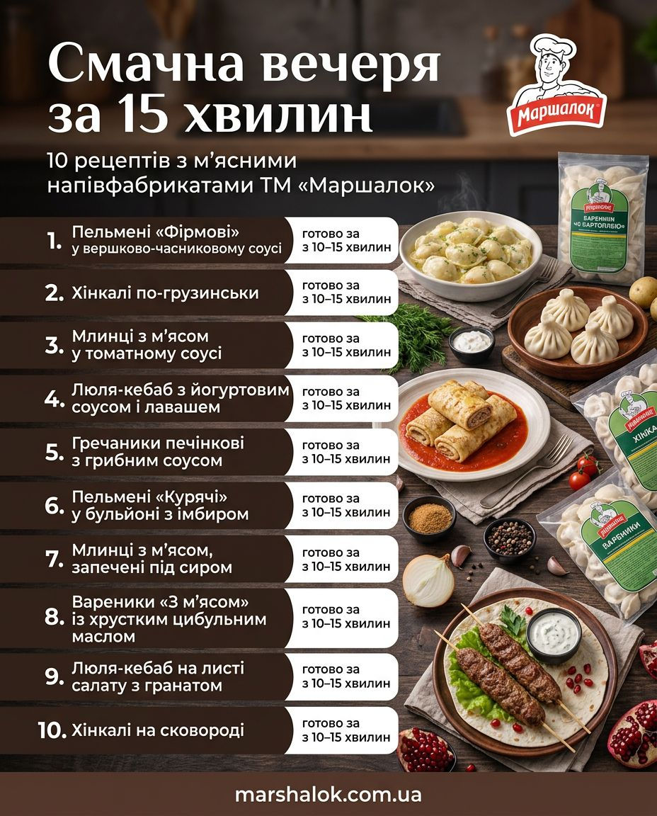 Смачна вечеря за 15 хвилин – 10 рецептів з м'ясними напівфабрикатами ТМ «Маршалок» - інфографіка