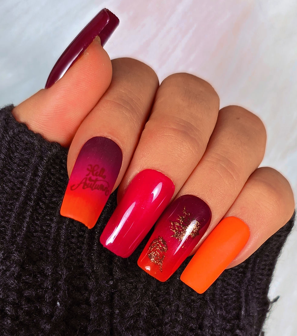 Hello Autumn Press-On Nails – Herbstliche Handarbeit mit Farbverlauf Rot-Orange und Blättermotiven