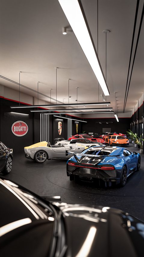 Step into a realm of automotive opulence with this breathtaking interior render of a luxury car showroom nestled in the heart of Monza, the kingdom of sports cars. This showroom serves as a temple to ultra-prestigious brands like Bugatti, Lamborghini, Ferrari, Porsche, and Pagani, showcasing the pinnacle of automotive engineering and design. Bathed in abundant natural light streaming through expansive glass windows, the space is meticulously illuminated to accentuate every curve and detail of these supercars. Luxury and modernity converge in the showroom's sleek design, where minimalist elegance reigns supreme. From the polished floors to the contemporary furnishings, every element exudes sophistication and refinement.
Whether you're a connoisseur of fine automobiles or simply an admirer of exquisite craftsmanship, this showroom offers an unparalleled experience in the world of luxury automotive excellence.