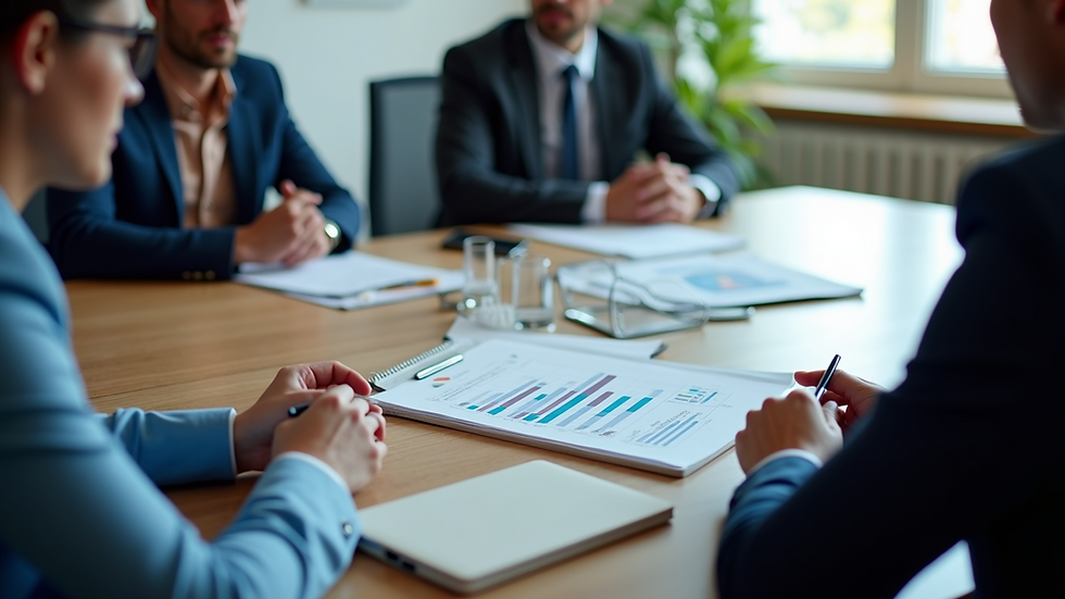 High angle view of a business meeting with a presentation on commercial real estate data