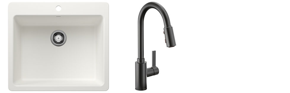 Left: Blanco laundry sink in white. Right: Moen Genta pulldown sprayer in black.