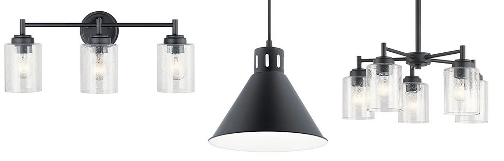 Left: Kichler Winslow vanity lights in black. Center: Kichler Zaily pendant in black (3 of them), Right: Kichler Winslow Chandelier black.
