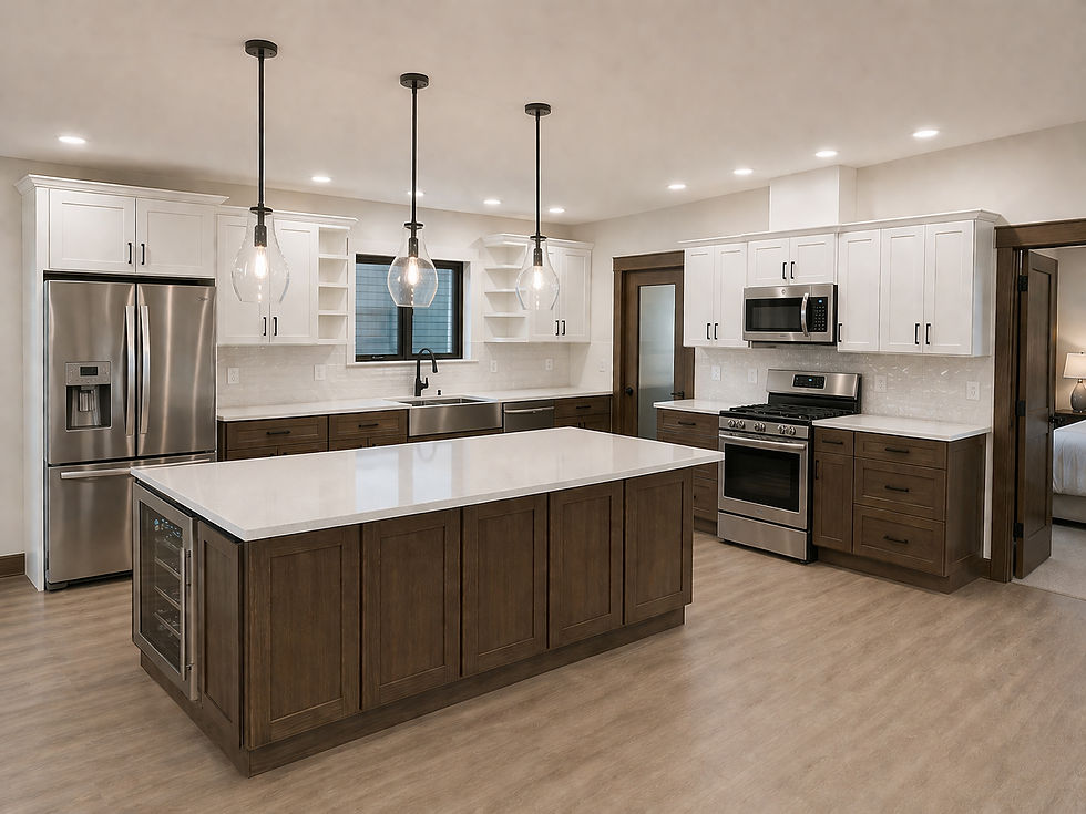 Digitally altered from an Andover kitchen to help you envision the finished space with appliances and flooring (you choose your own). This shows the exact pendants, sink, and faucet in your home! Plus, don’t miss the built-in island beverage fridge with a pull-out stocking station beside it—perfect for entertaining. Cabinet hardware is your chance to add your own personal touch (not included).