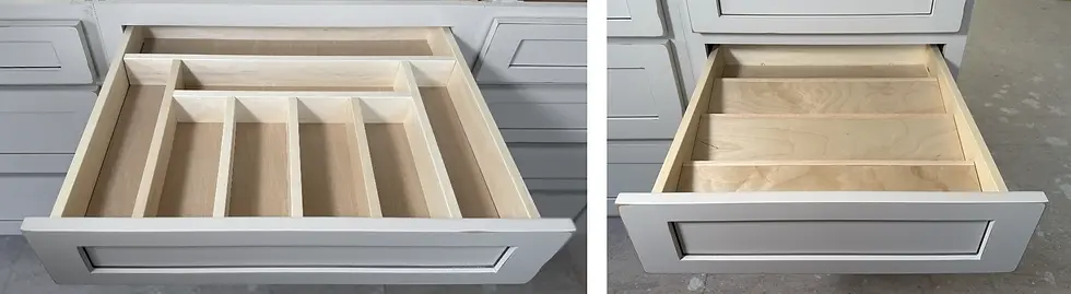 In your island Left: A built-in silverware tray in your island keeps utensils organized, easy to find, and neatly tucked away—no more cluttered drawers. Right: Just below, a built-in spice rack adds everyday convenience right where you need it. Note: Images are from another home. Layout may vary, and colors, sizes, and cabinet styles shown are not exact.