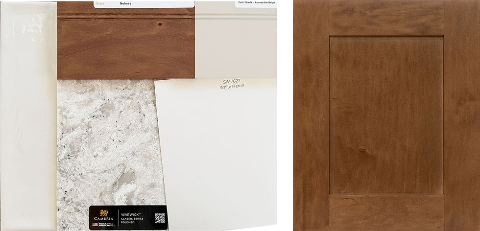 Classic Maple cabinets in Nutmeg with Plateau doors. Kitchen island is Accessible Beige. Cambria Quartz in Warwick in the kitchen, coffee bar and laundry. Emser Raku white glossy tile. Sherwin Williams White Heron flat upgraded paint.