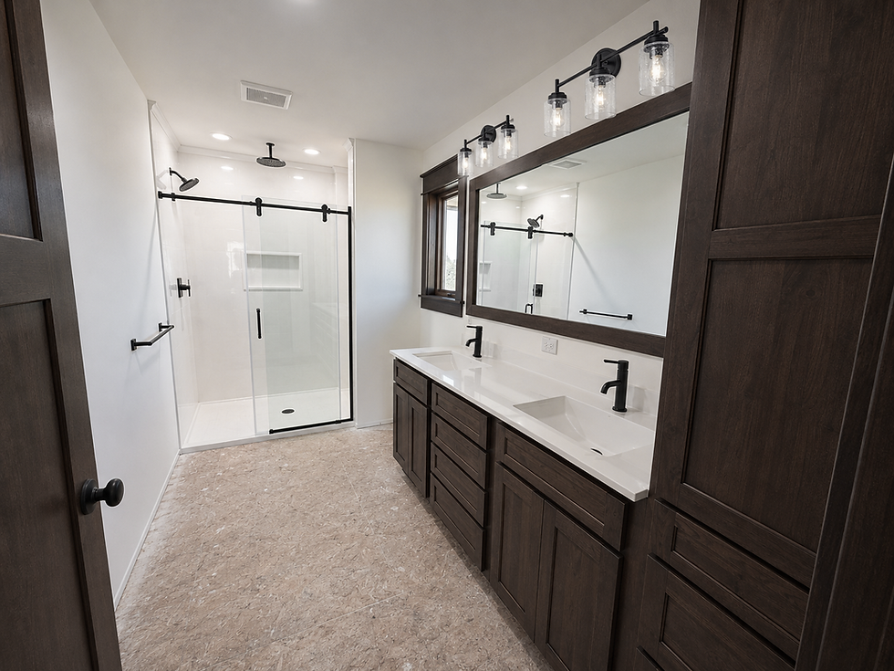 Master bathroom with double vanity. Note your shower door and shower valve will differ from what is shown. Your bathroom will have all Pebble colored Maple cabinets,