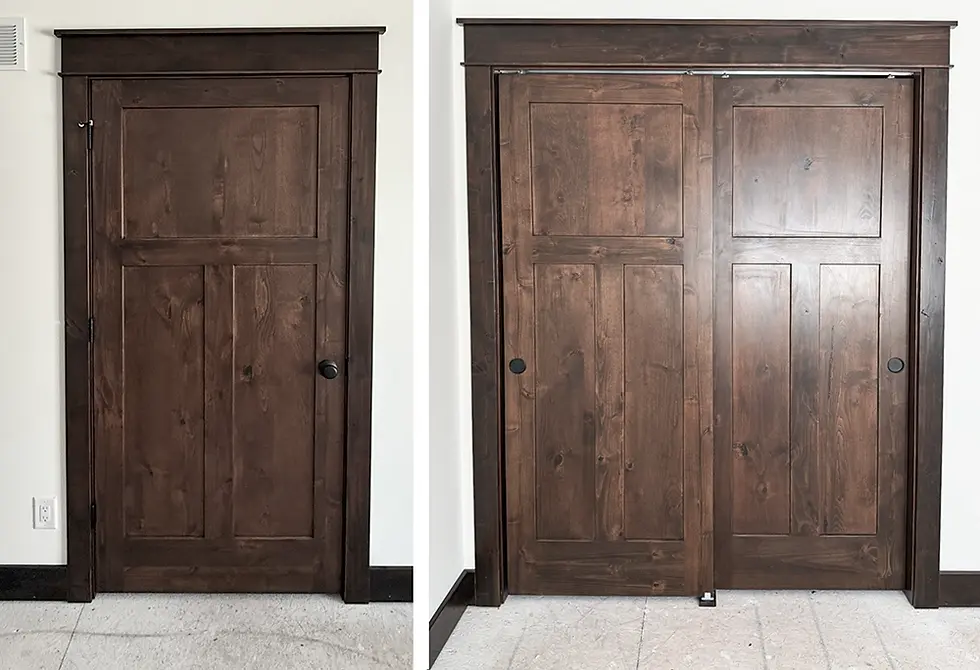 Upgraded Alder SL-34 3 panel doors with Craftsman trim and black hardware. Color will match your Brown Sepia cabinets.