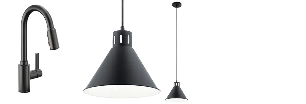 Left: Moen Genta pull down faucet for Kitchen and Laundry. Right: Kichler Zailey pendants in black over the island (there will be 3).