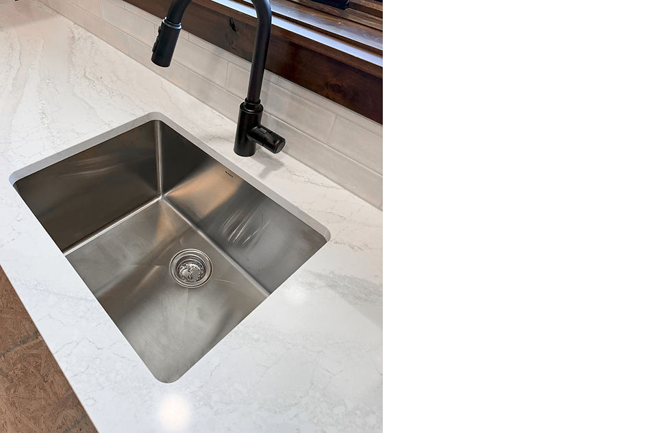 Left: Blanco Quatrus Stainless Steel sink. You will have the same tile, different Quartz and different faucet.