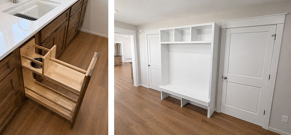 Left: pull out cleaning tray has space for paper towels and cleaning supplies. Right: NOT your colors or door but shows you what the opposite side of laundry looks like with a large built in bench.