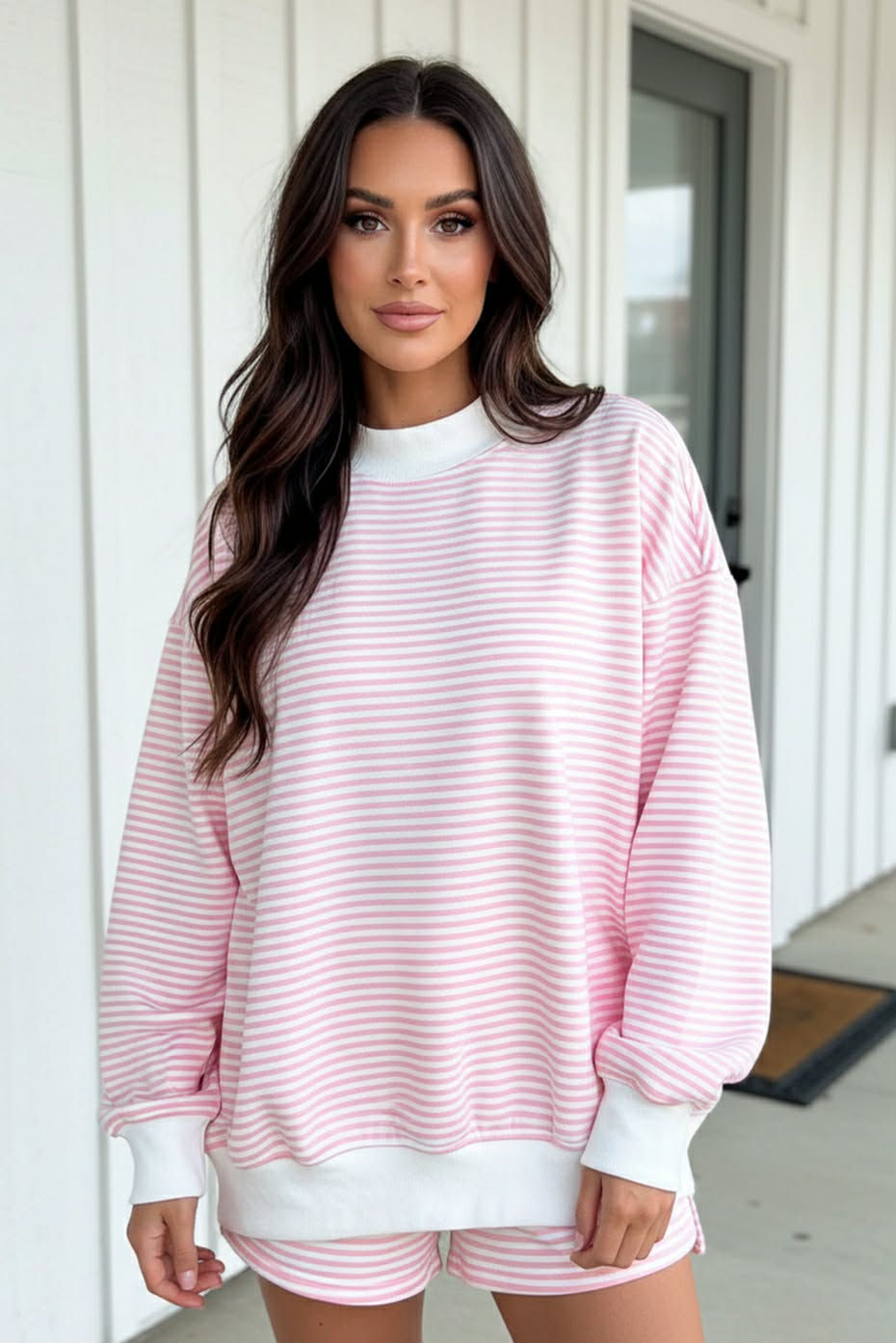 Light Pink Stripe Oversized Sweatshirt and Shorts Set