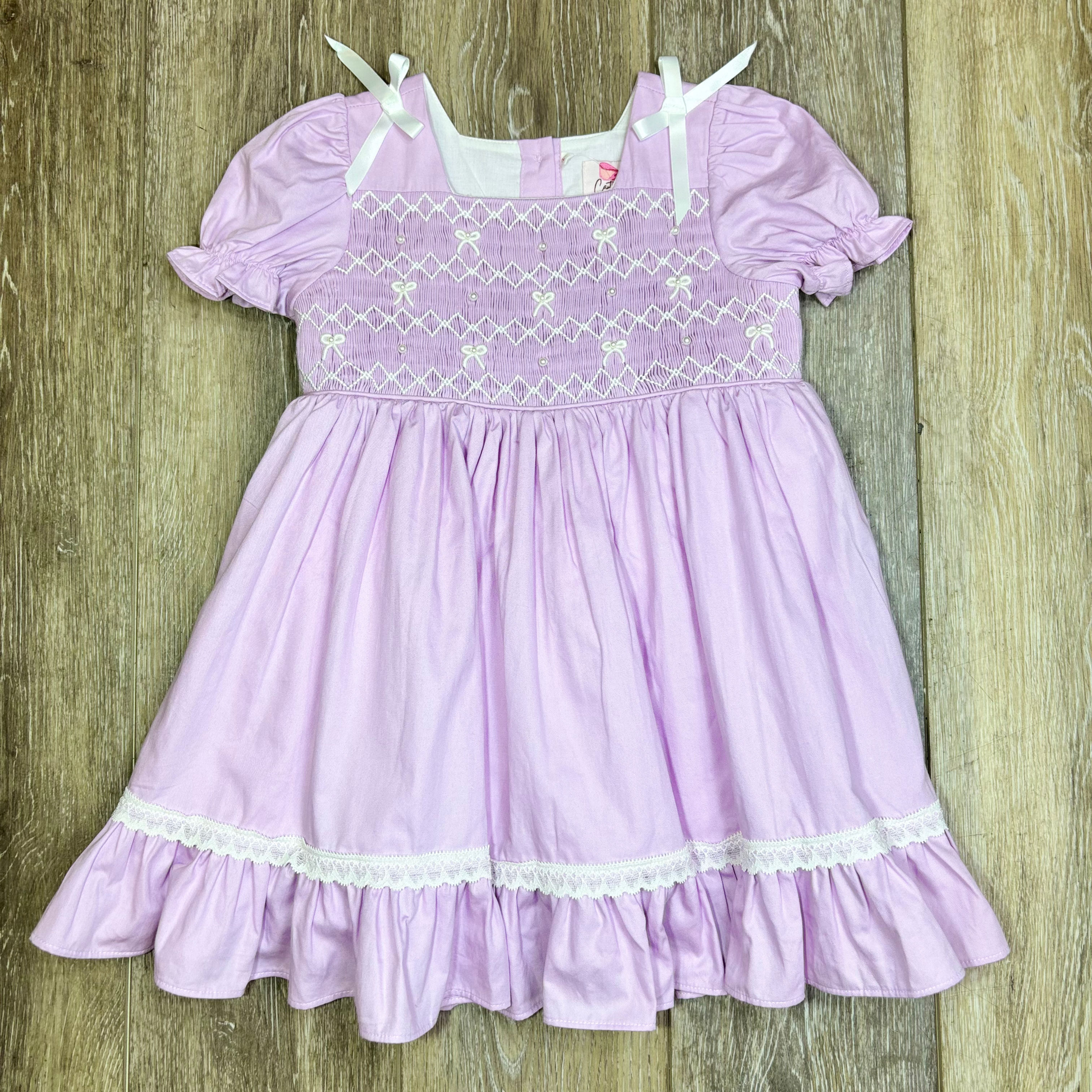 Smocked Lavender Pearl Bow Dress