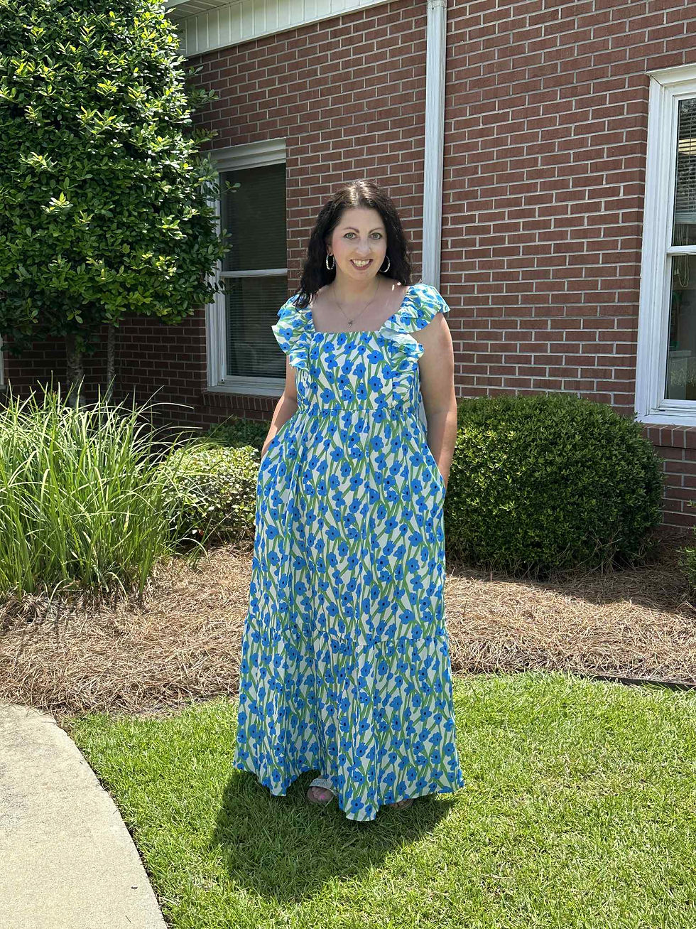 Thumbnail: Blue Floral Square Neck Ruffled Strap Dress