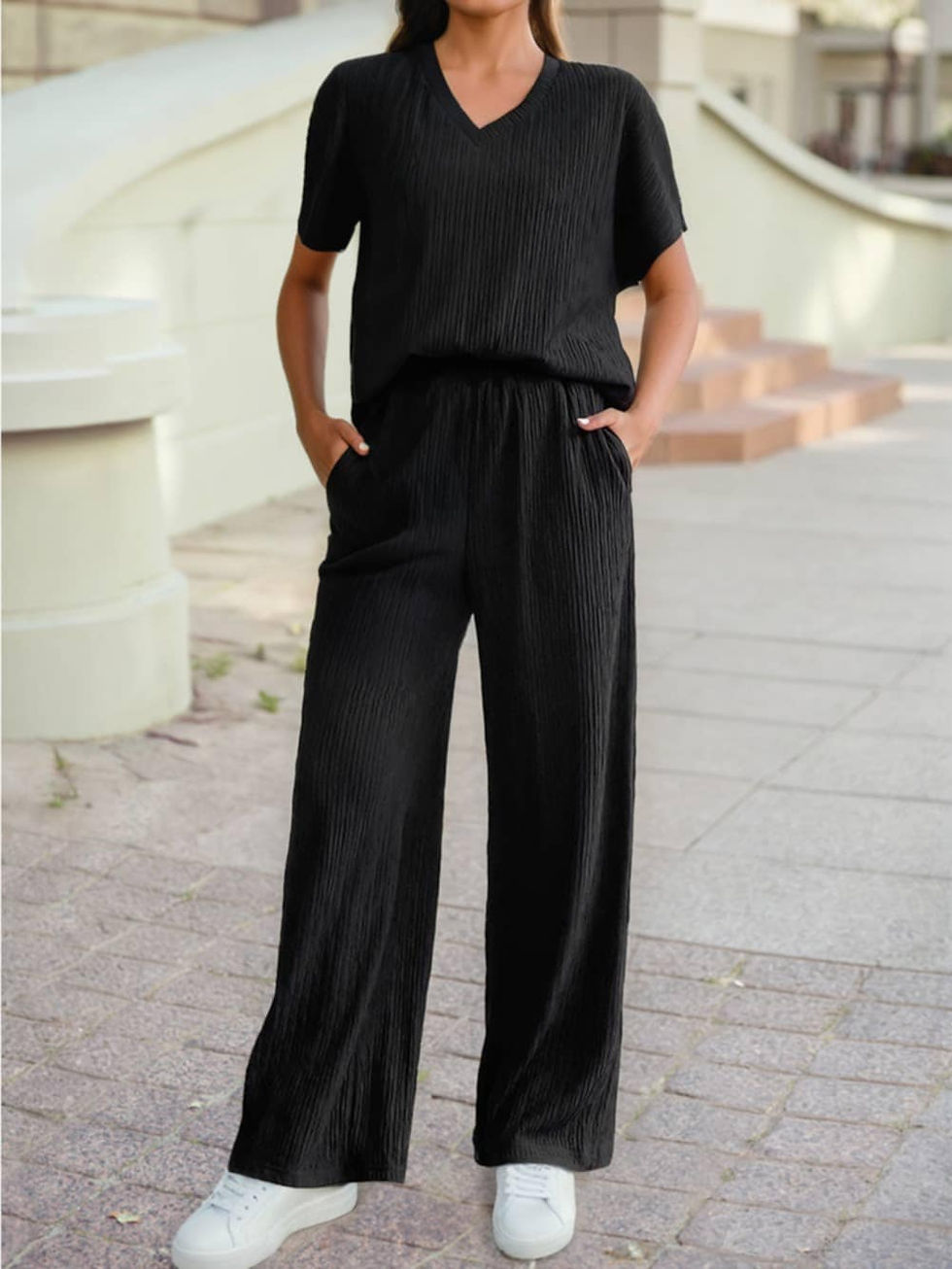 Black Ribbed Textured Side Split Set