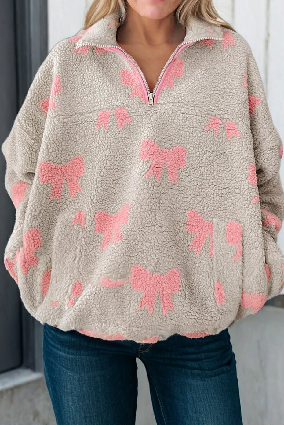 Thumbnail: Bow Sherpa Zip Drop Shoulder Baggy Sweatshirt