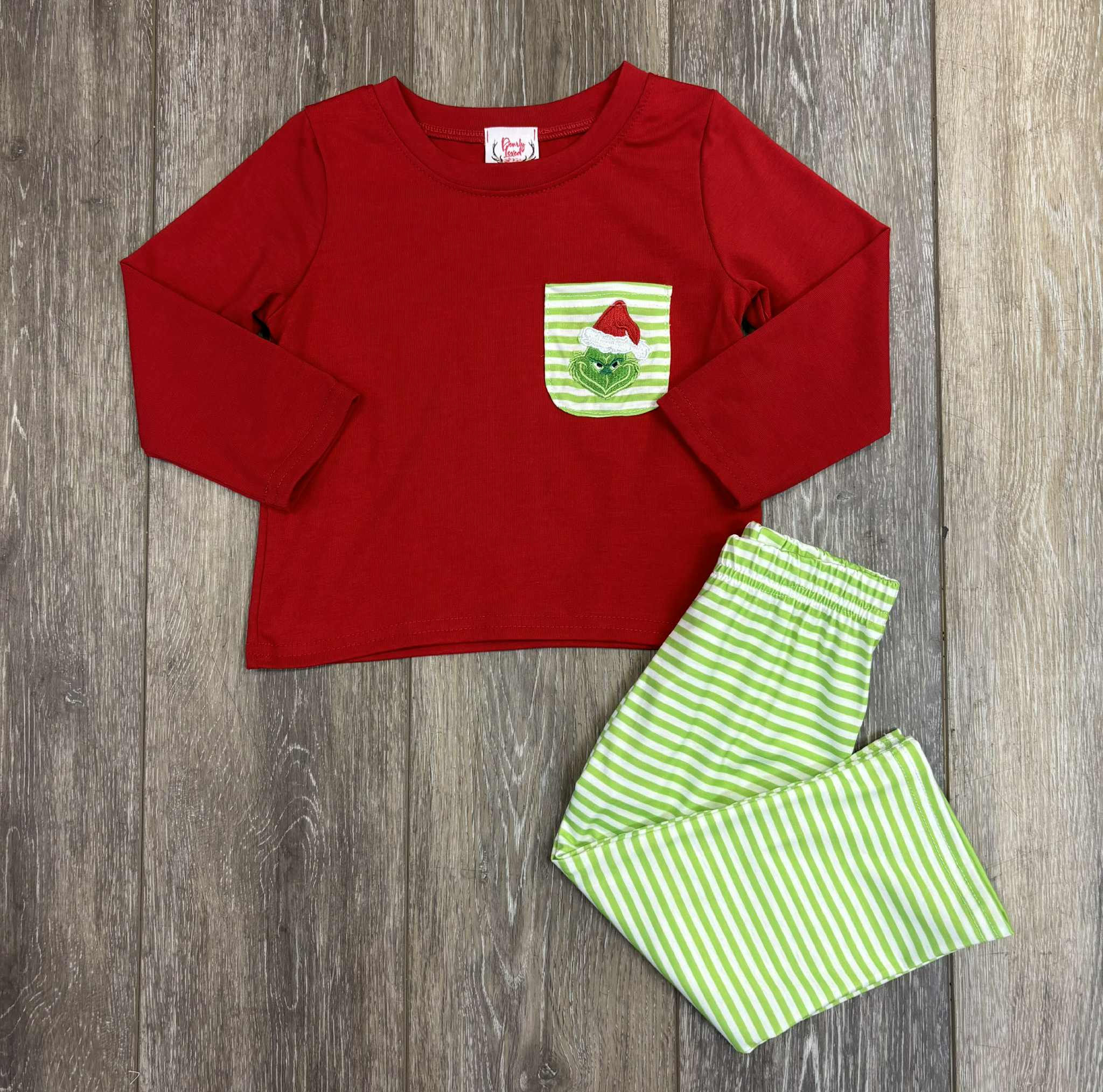 Red Grinch Embroidered Boy Pants Set
