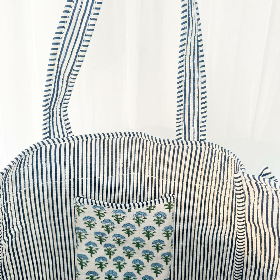 Thumbnail: Block Print Large Quilted Ruffle Tote Bag | Carolina