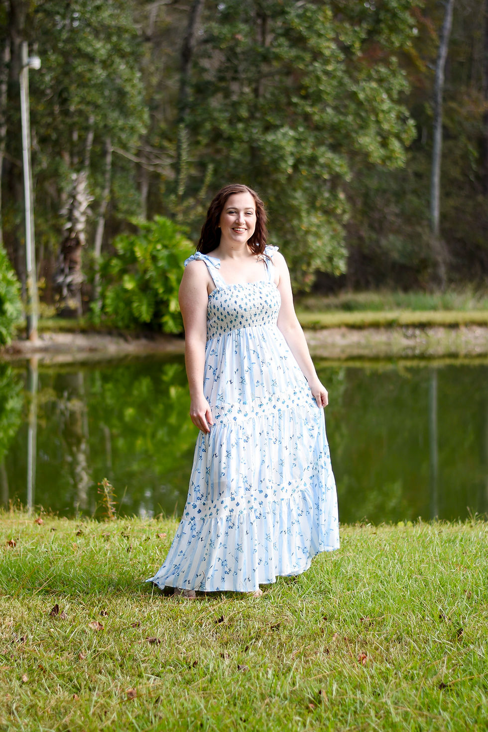 Thumbnail: Sky Blue Floral Smocked Tied Straps Tiered Dress
