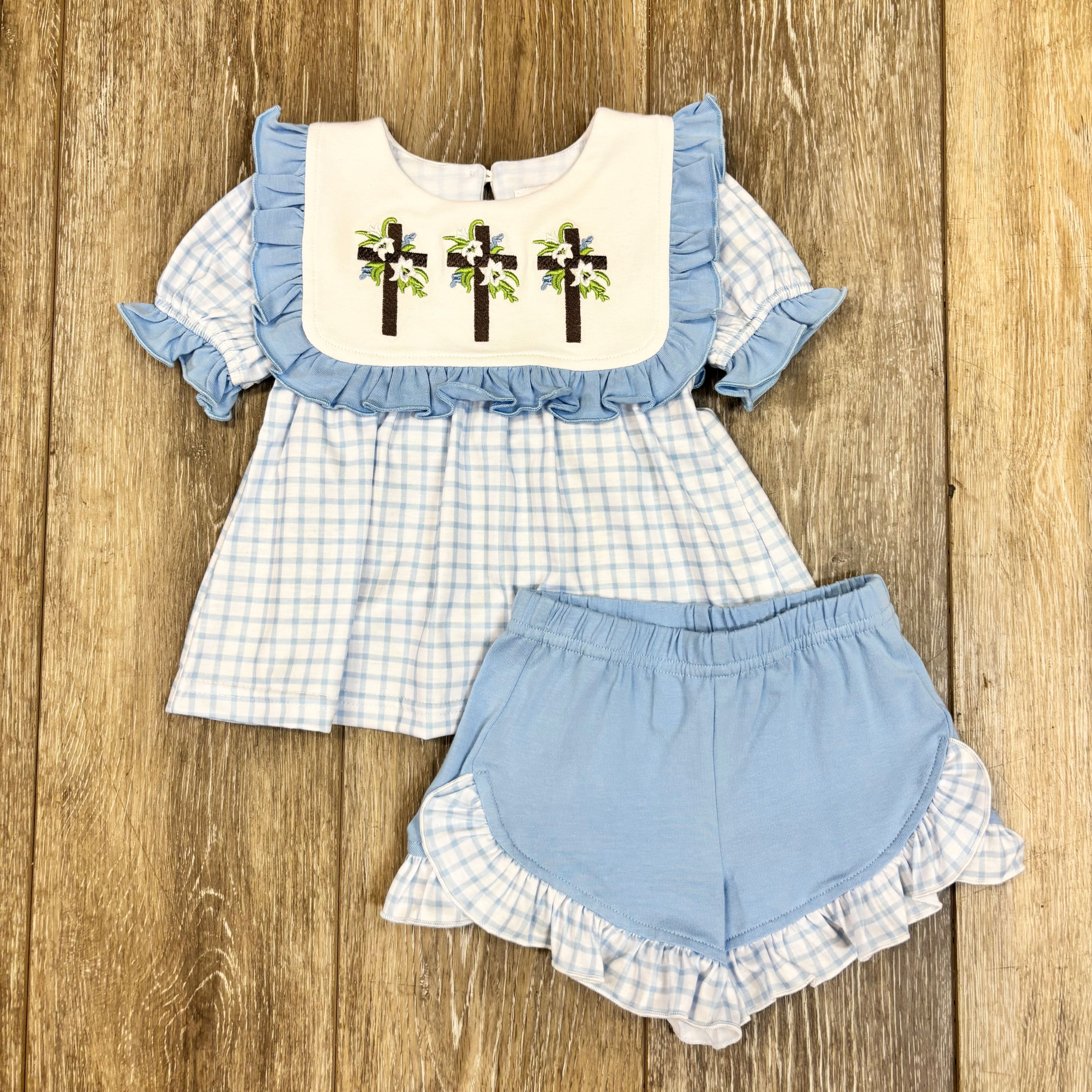 Blue Plaid Cross Trio Girl Set