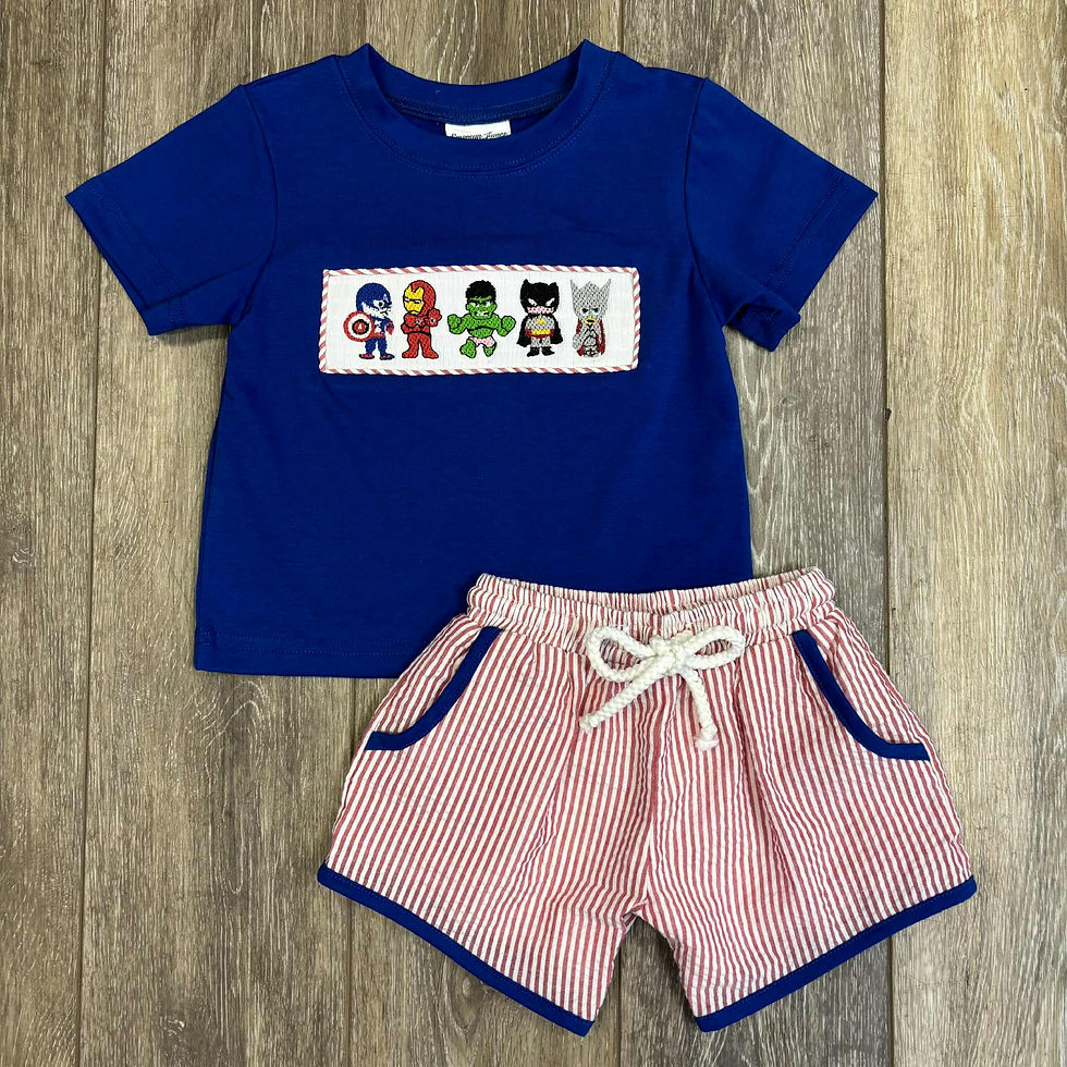 Smocked Blue Superheroes Set