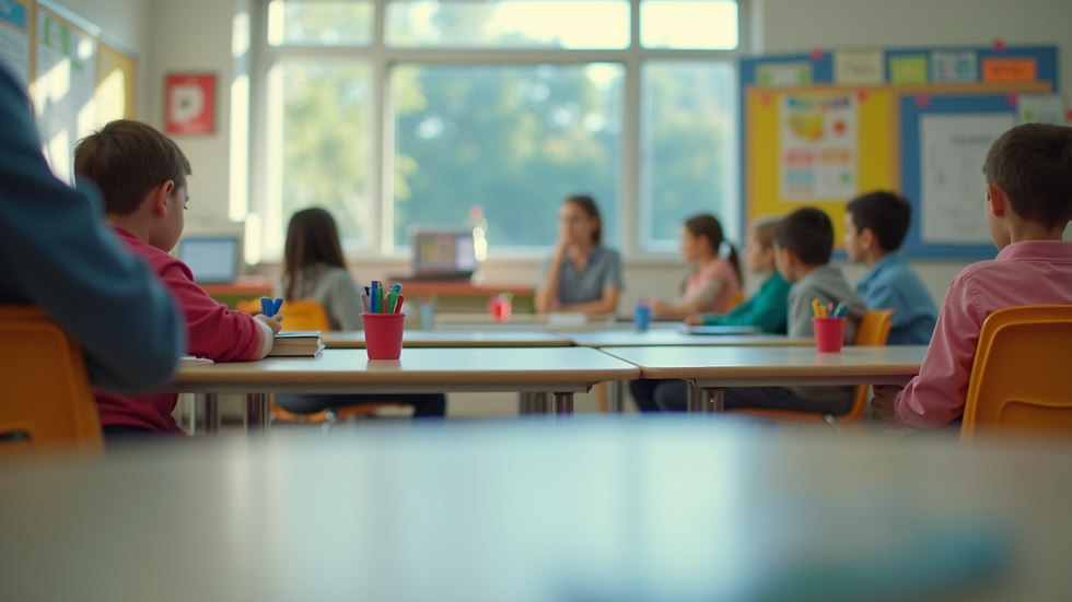 Eye-level view of a colorful classroom with educational materials