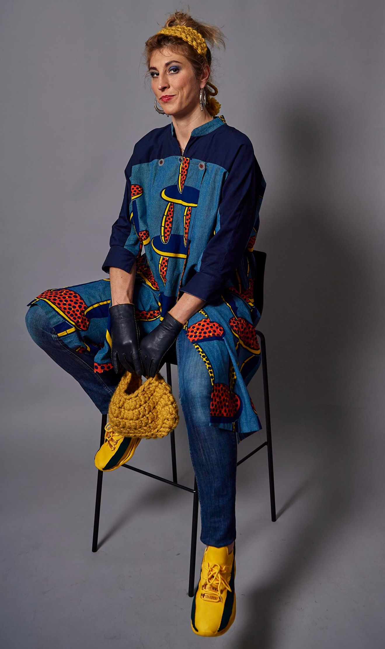 Colourful tunic with pockets in side, cotton blue Ankara print C248