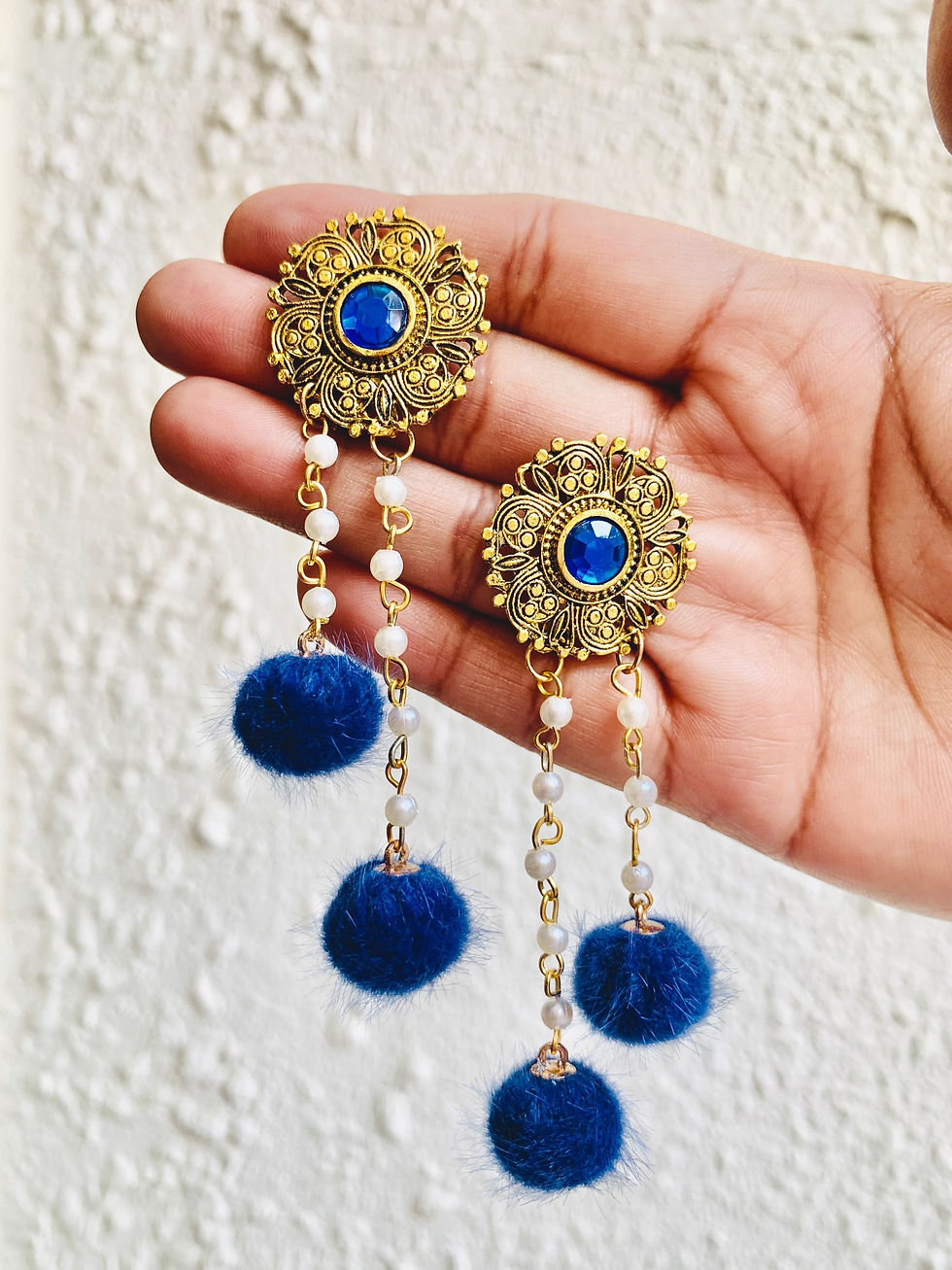 VYAVI Statement Pom Pom Earrings - Blue