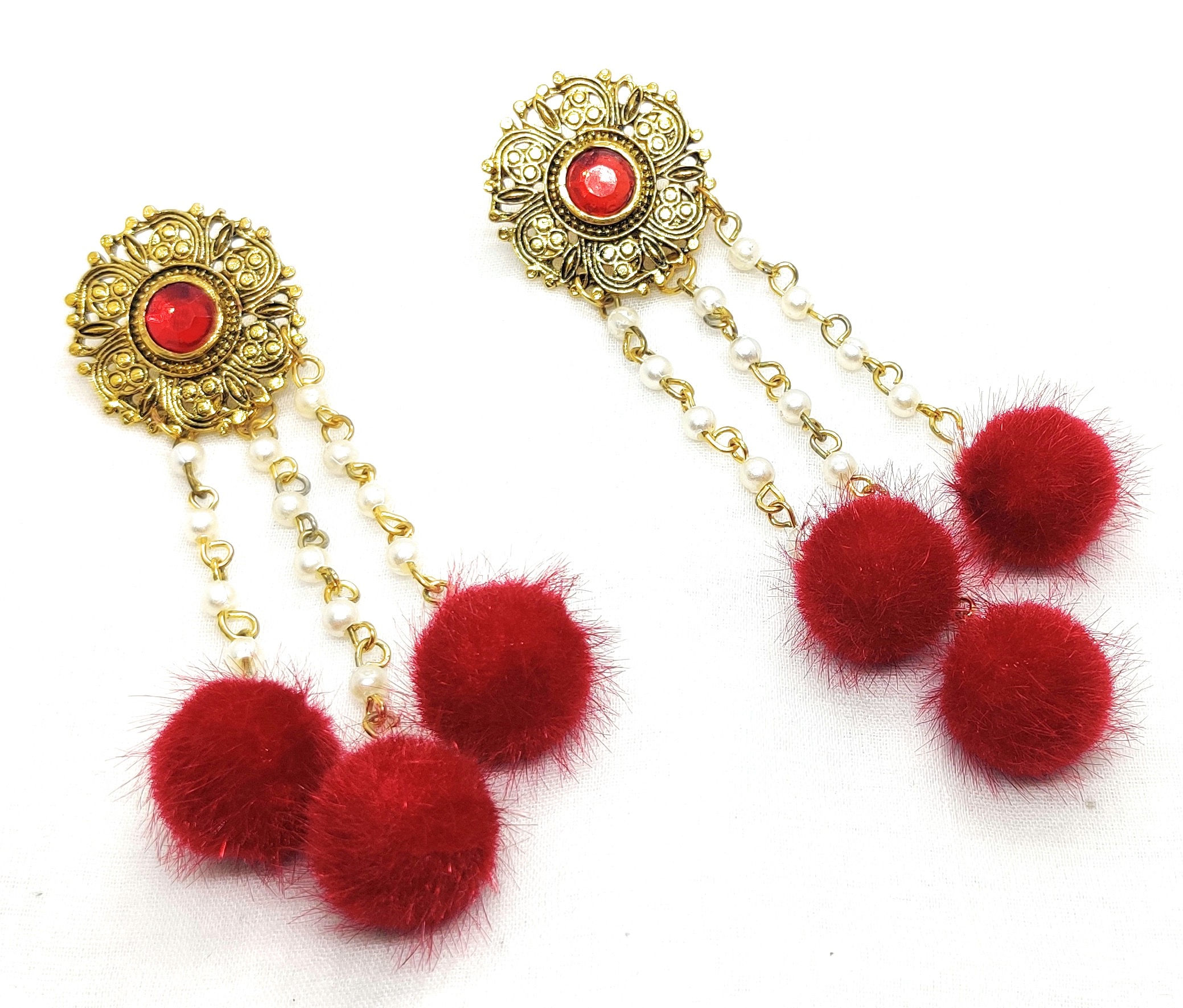 VYAVI Statement Pom Pom Earrings - Red