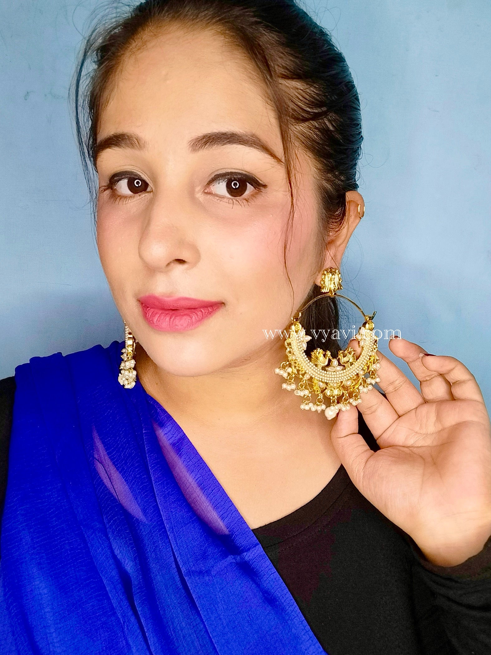 VYAVI Statement Chandbali Earrings - Golden and Pearl