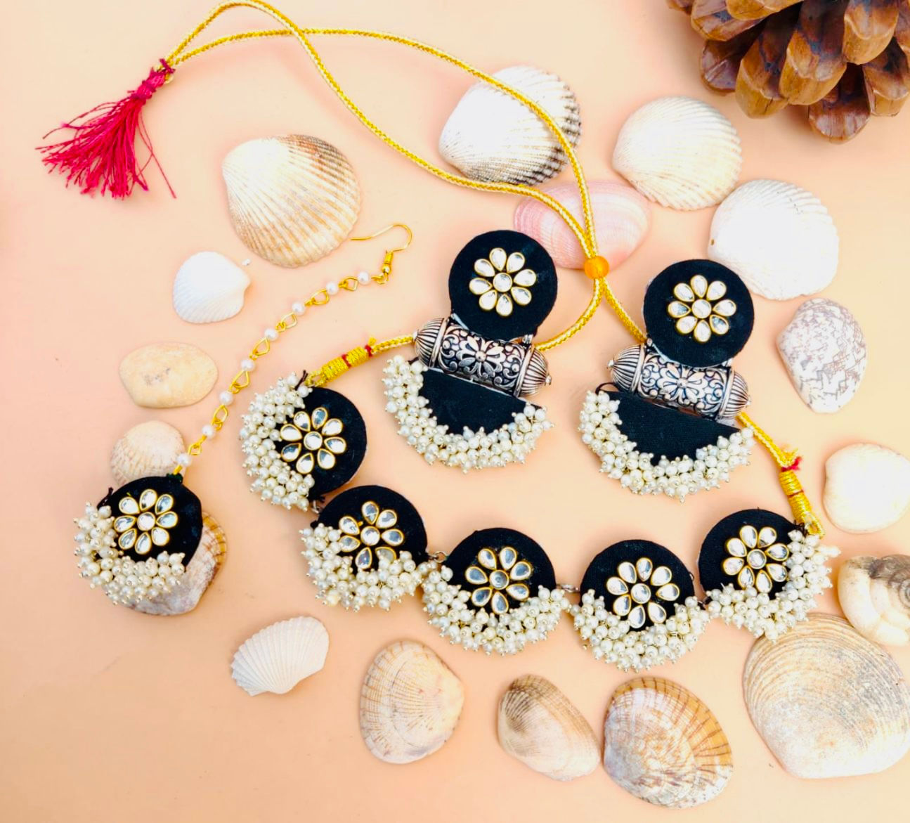 VYAVI Premium Handcrafted Fabric Necklace Set with Earrings and Maangtika