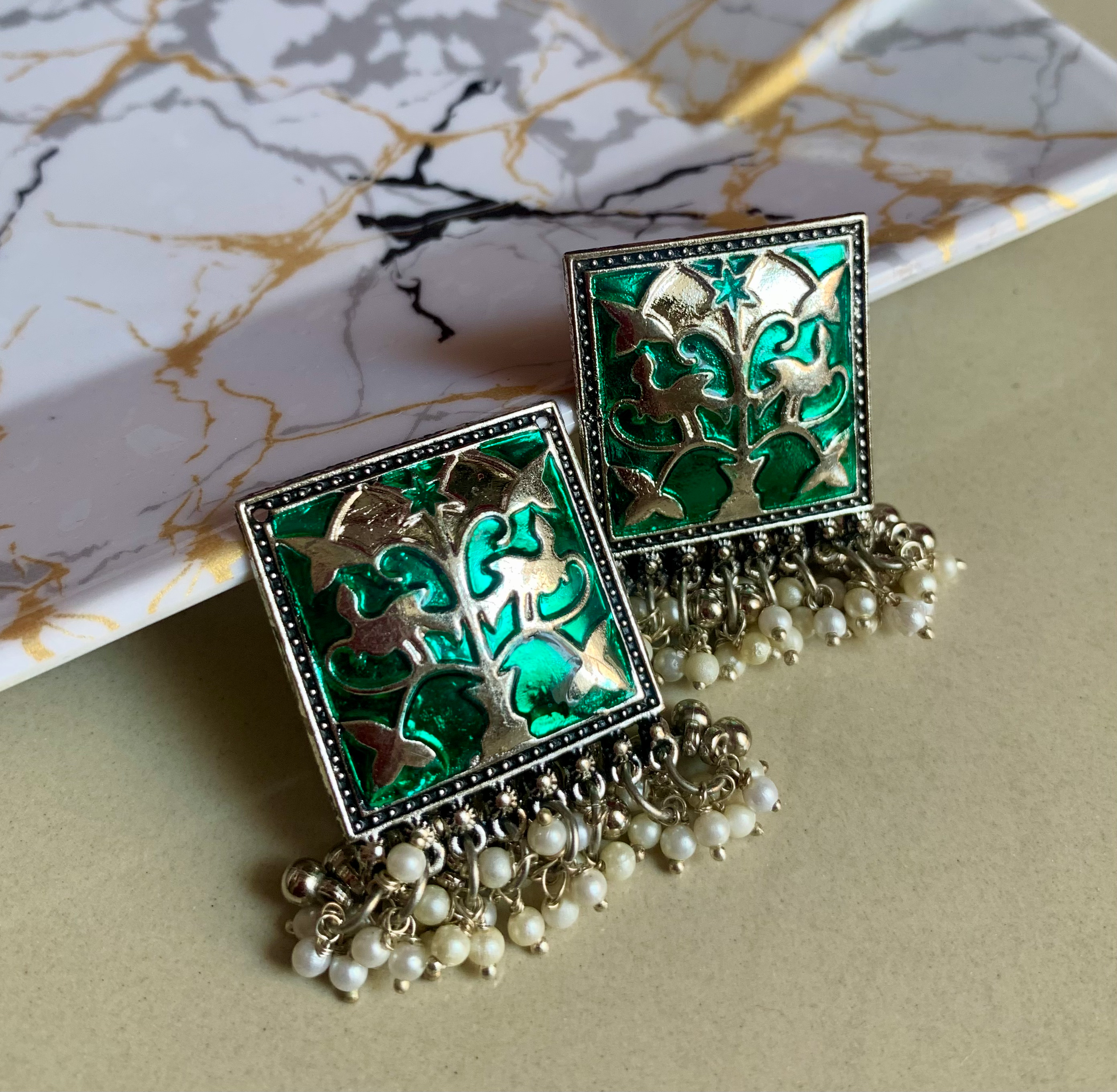 VYAVI Statement Meenakari Stud Earrings - Teal