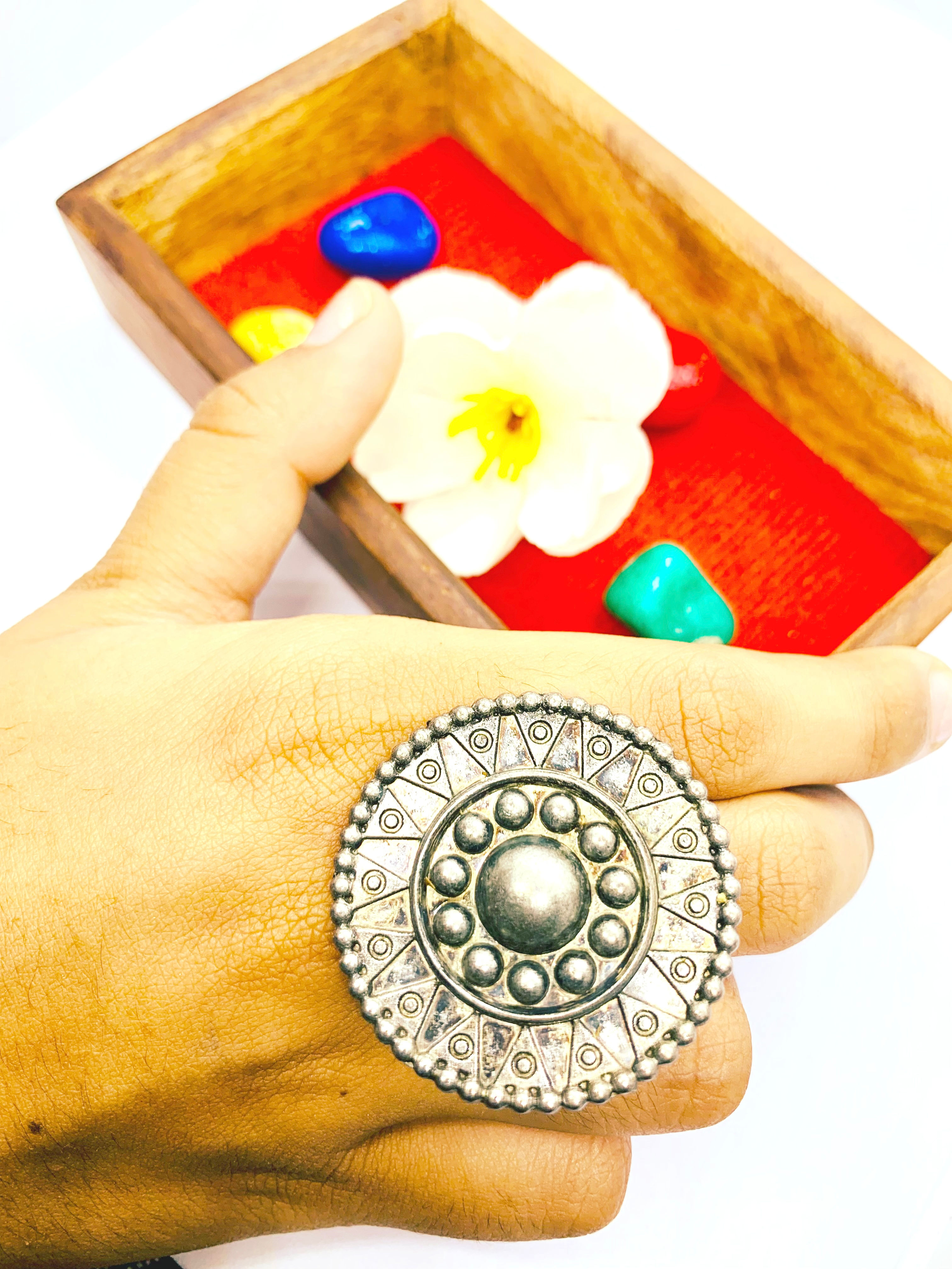 VYAVI Silver Look-Alike Antique Adjustable Ring - Flower Pattern