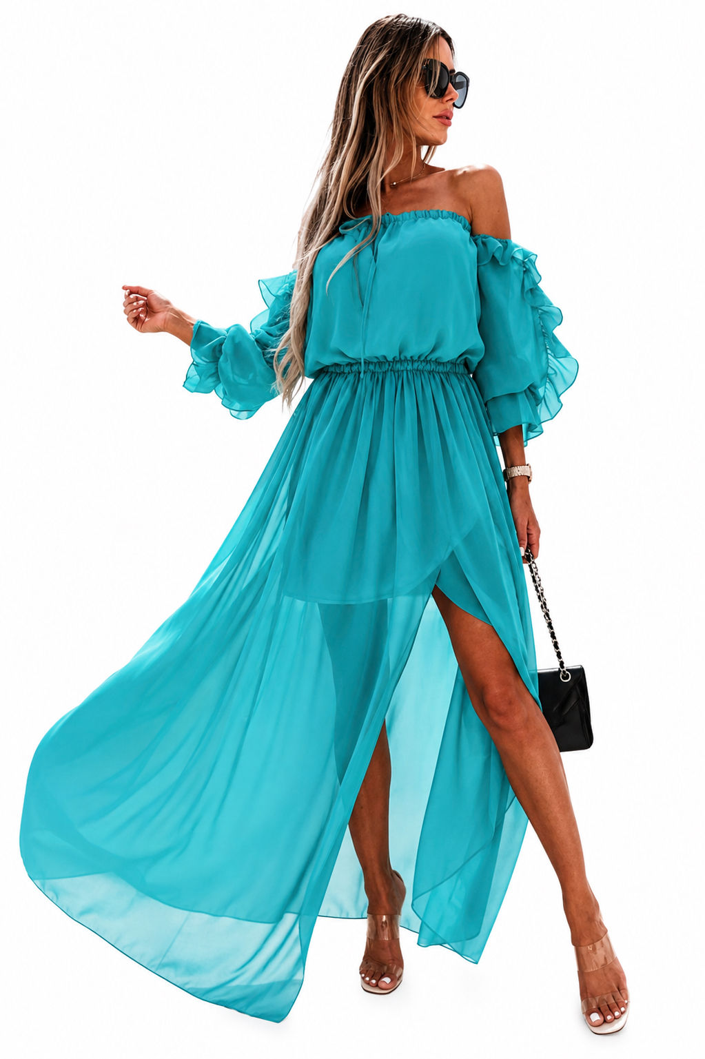 Turquoise Breeze Ruffle High-Low Maxi Dress