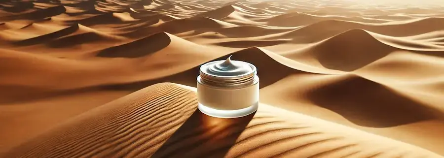 una crema viso in mezzo al deserto per simboleggiare che la crema è inutile se non si ha idratazione