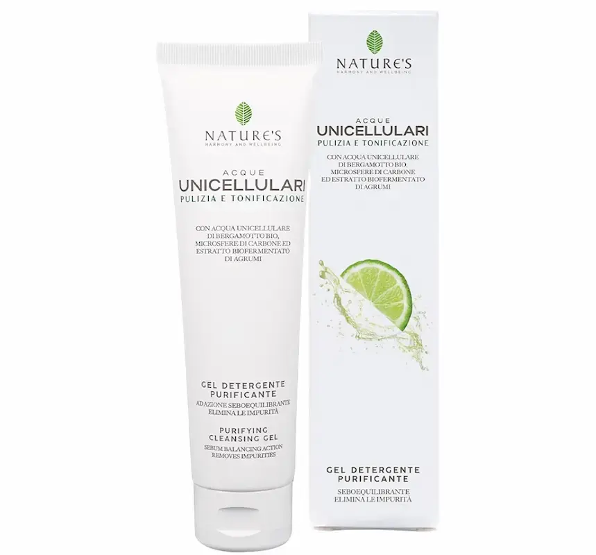 Gel detergente purificante, formulato con ingredienti naturali per rimuovere impurità e controllare l’eccesso di sebo
