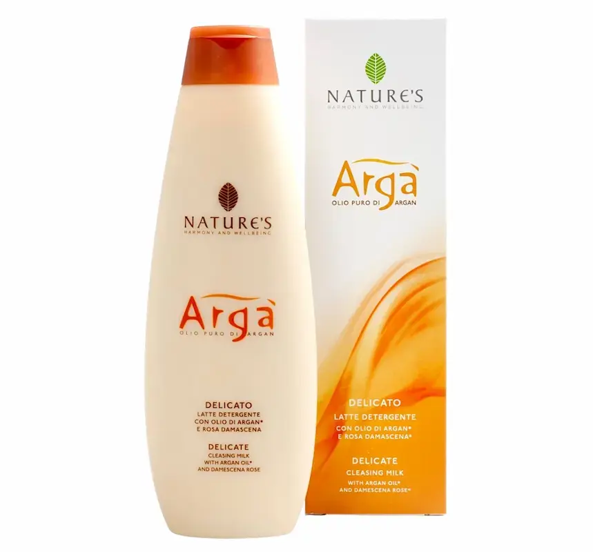 Latte detergente delicato all’argan, formulato con olio di argan per una pulizia nutriente e idratante