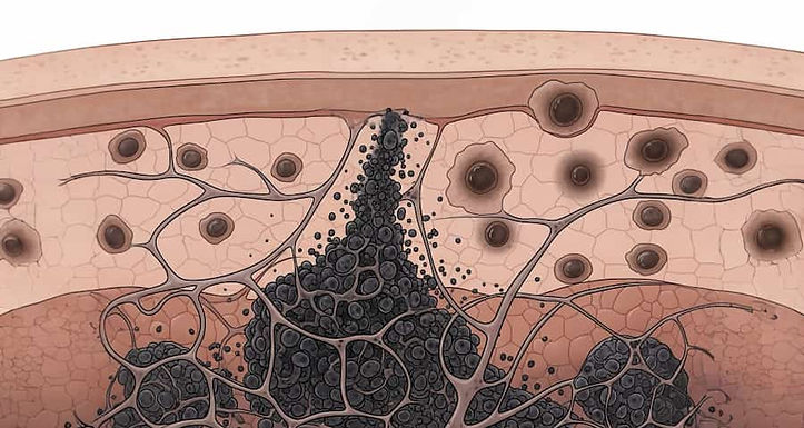 Illustrazione scientifica di una sezione della pelle che mostra l'origine della iperpigmentazione: melanociti iperattivi nel derma causano la formazione di macchie scure sull'epidermide.