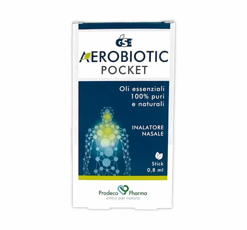 Aerobiotic Pocket, confezione stick nasale portatile con oli essenziali per decongestionare e alleviare il naso chiuso.