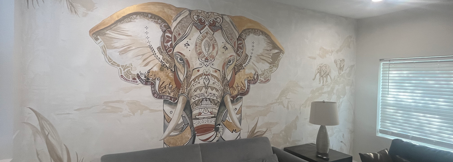 Air BNB Living Room Elephant Mural Washington DC, Northern VA, MD Mural Artist
